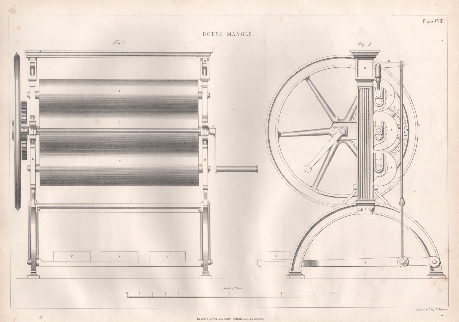 VICTORIAN ENGINEERING DRAWING. House mangle 1847 old antique print picture